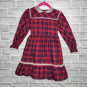 Vtg Polly Flinders Red & Blue Plaid Hand Smocked Dress, size 5